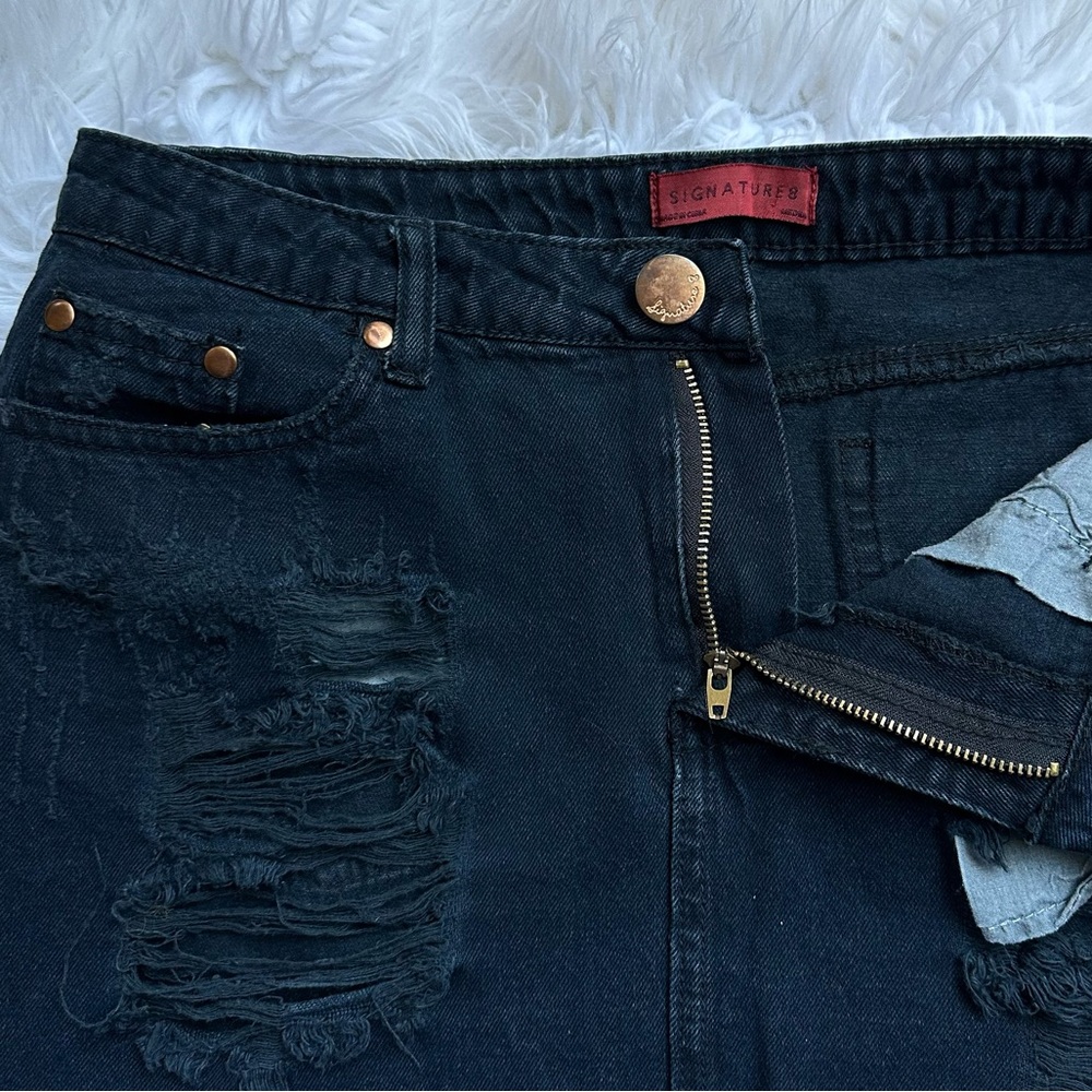 Signature Eight • Black Denim Distressed Mini Skirt - Picture 4 of 11